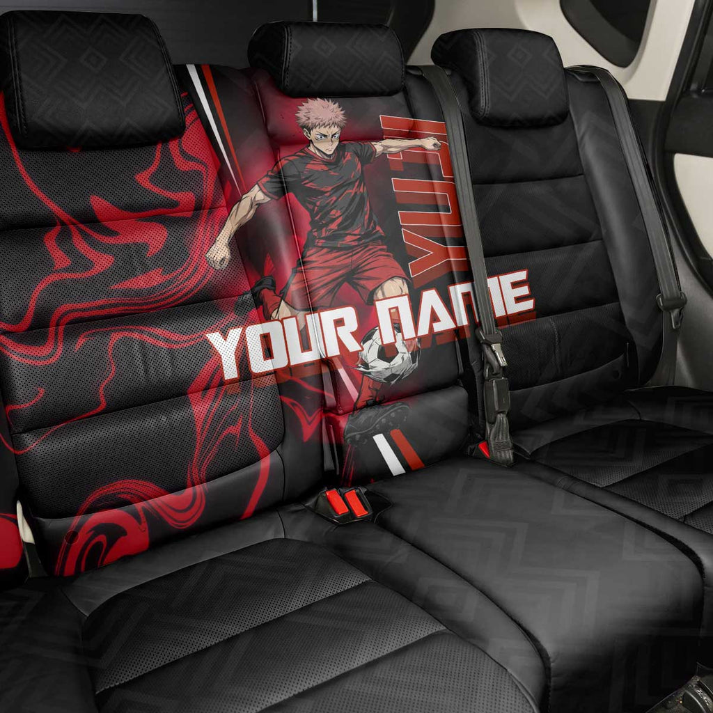 Personalized Yuji Itadori Jujutsu Kaisen Soccer Theme Back Car Seat Cover with Dynamic Kick Pose and Red Black Flame Graphic Design - The Mazicc