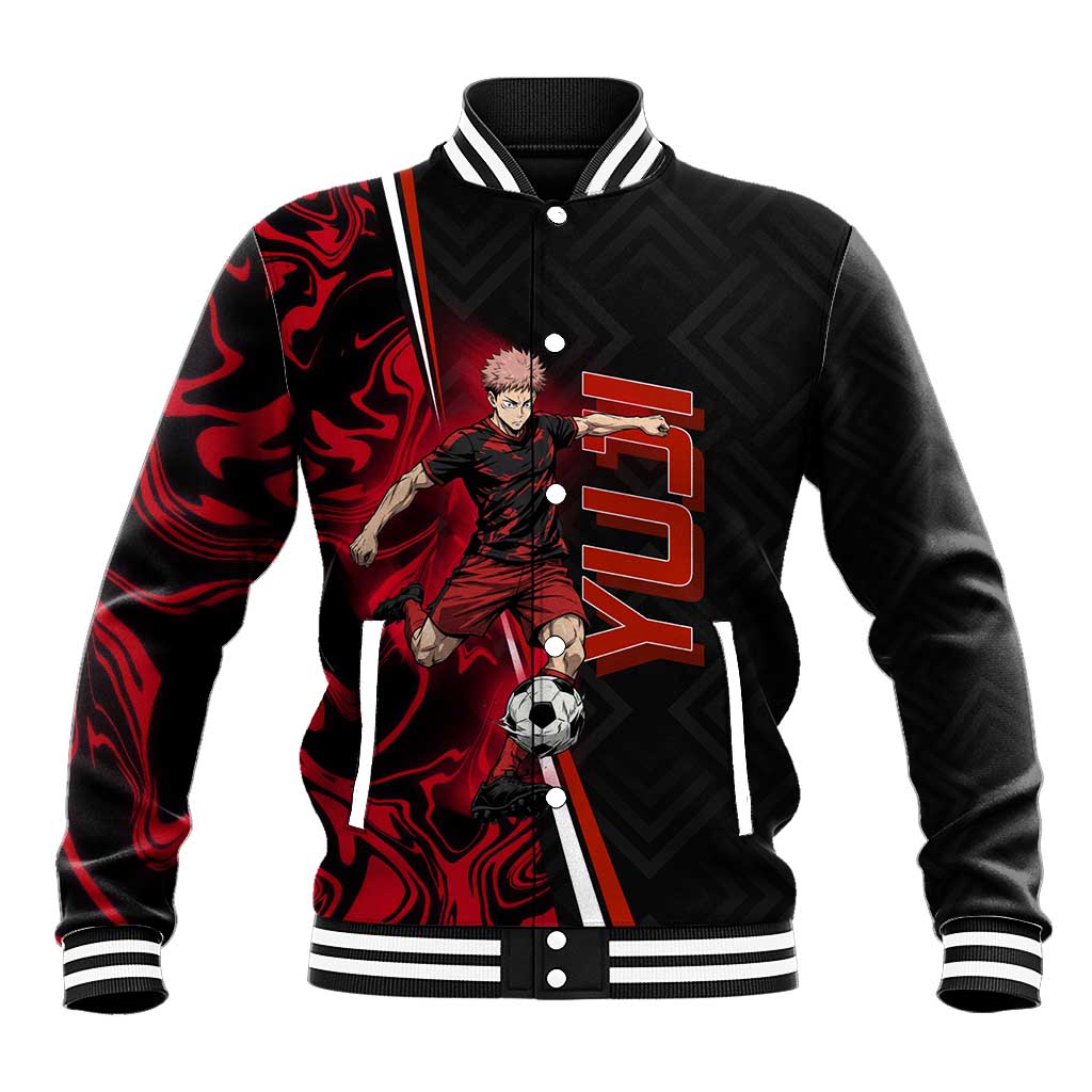 Personalized Yuji Itadori Jujutsu Kaisen Soccer Theme Baseball Jacket with Dynamic Kick Pose and Red Black Flame Graphic Design - The Mazicc