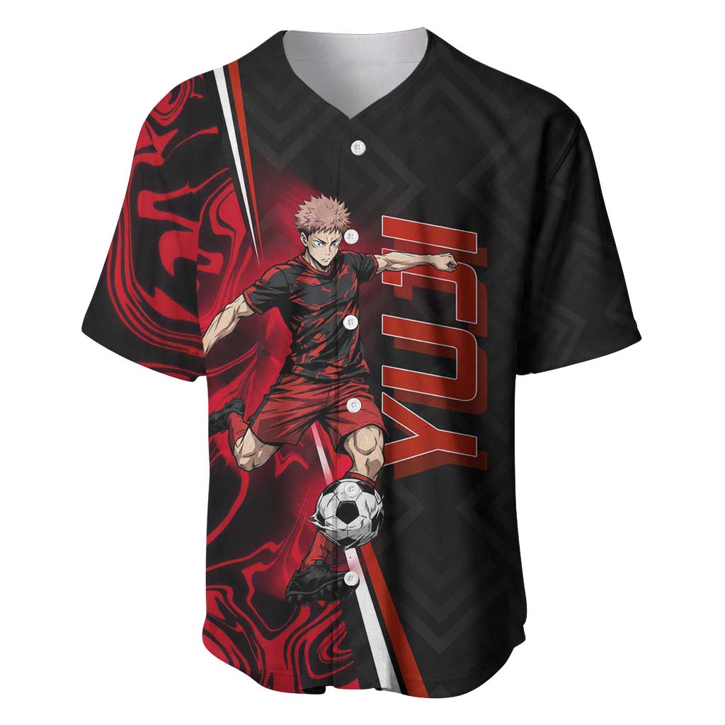 Personalized Yuji Itadori Jujutsu Kaisen Soccer Theme Baseball Jersey with Dynamic Kick Pose and Red Black Flame Graphic Design - The Mazicc