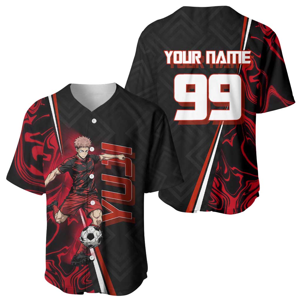 Personalized Yuji Itadori Jujutsu Kaisen Soccer Theme Baseball Jersey with Dynamic Kick Pose and Red Black Flame Graphic Design - The Mazicc