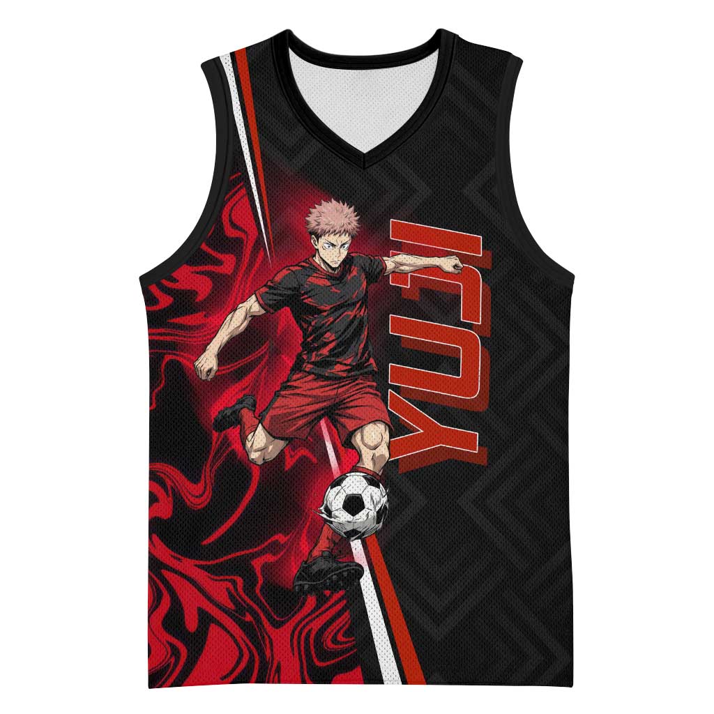 Personalized Yuji Itadori Jujutsu Kaisen Soccer Theme Basketball Jersey with Dynamic Kick Pose and Red Black Flame Graphic Design - The Mazicc