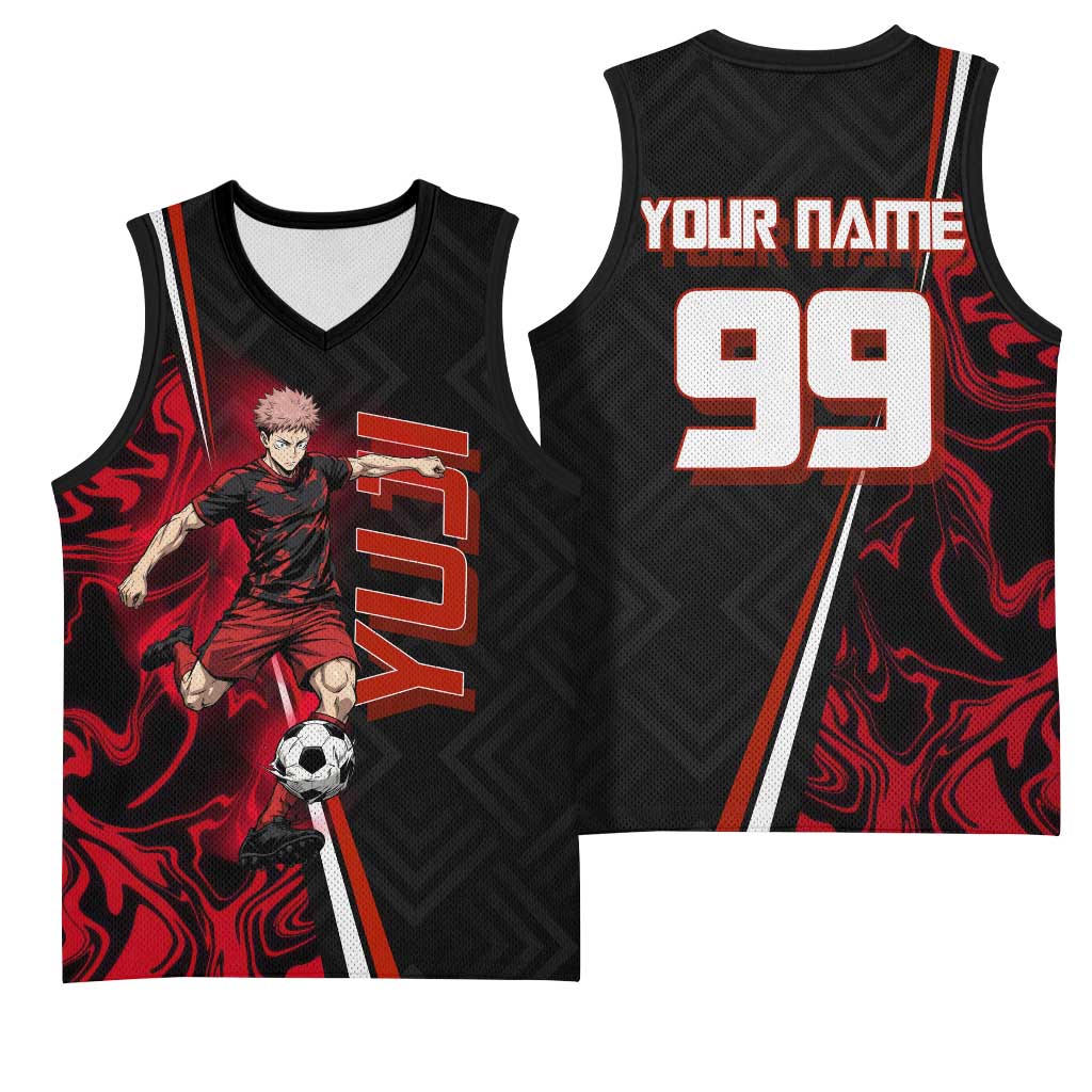 Personalized Yuji Itadori Jujutsu Kaisen Soccer Theme Basketball Jersey with Dynamic Kick Pose and Red Black Flame Graphic Design - The Mazicc