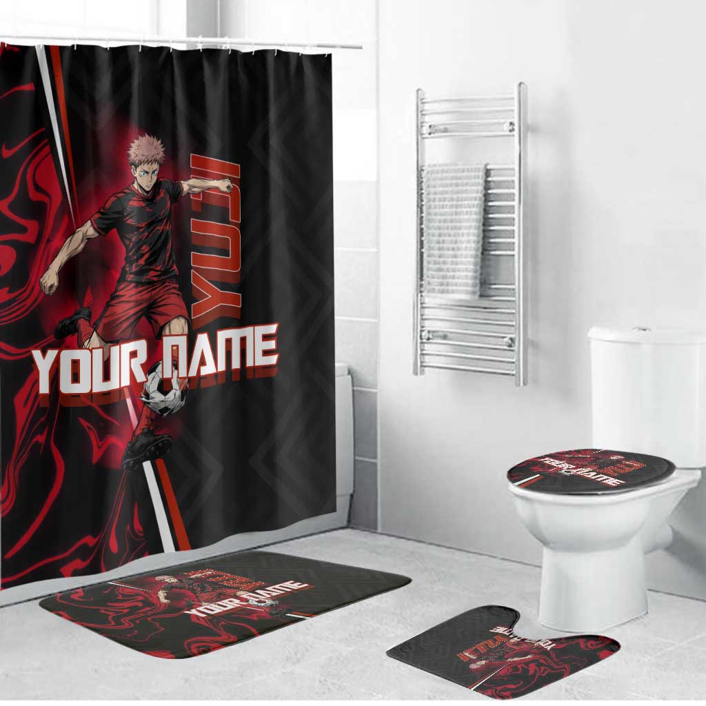 Personalized Yuji Itadori Jujutsu Kaisen Soccer Theme Bathroom Set with Dynamic Kick Pose and Red Black Flame Graphic Design - The Mazicc