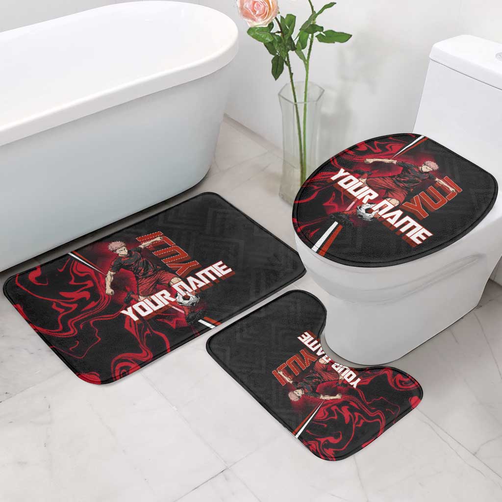 Personalized Yuji Itadori Jujutsu Kaisen Soccer Theme Bathroom Set with Dynamic Kick Pose and Red Black Flame Graphic Design - The Mazicc
