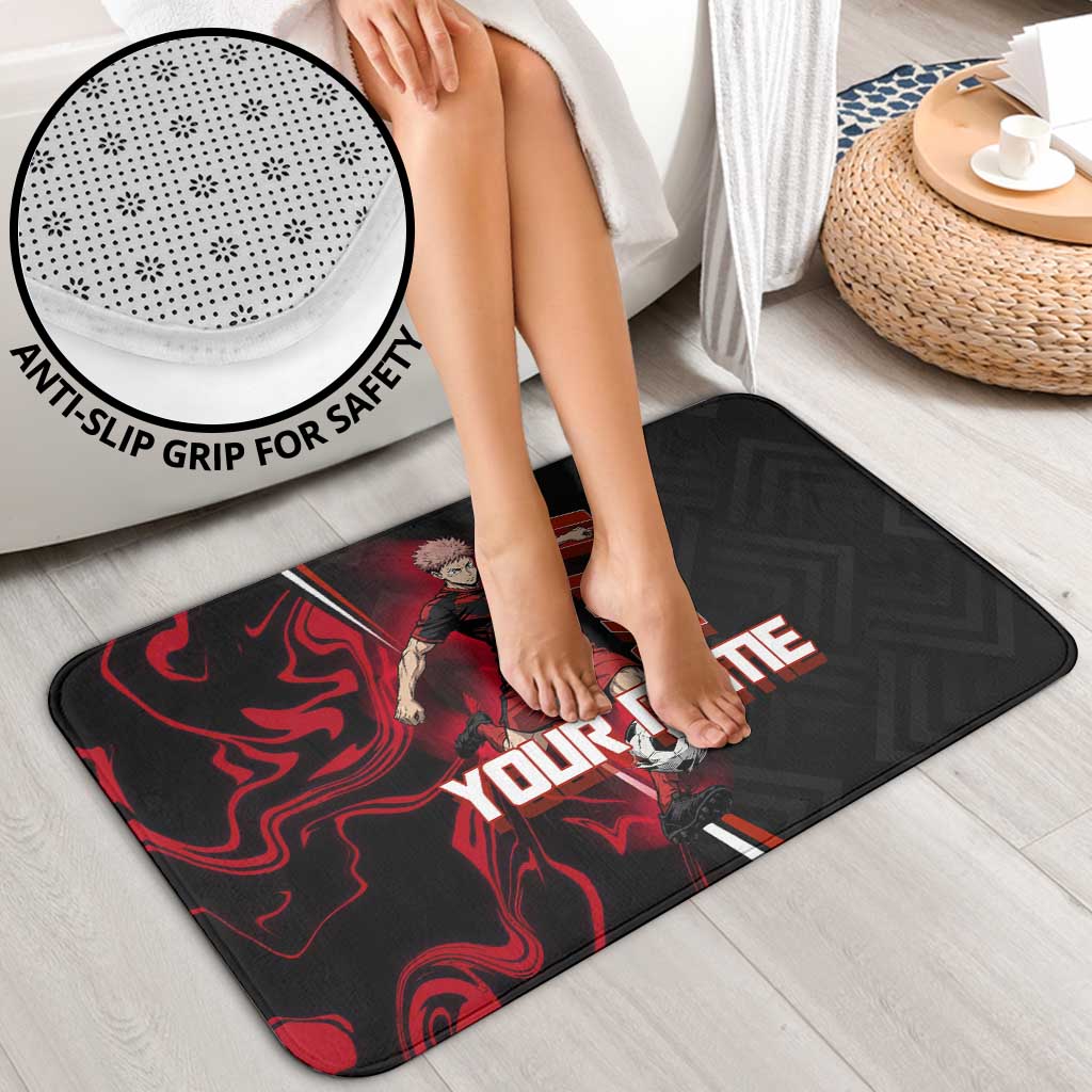 Personalized Yuji Itadori Jujutsu Kaisen Soccer Theme Bathroom Set with Dynamic Kick Pose and Red Black Flame Graphic Design - The Mazicc