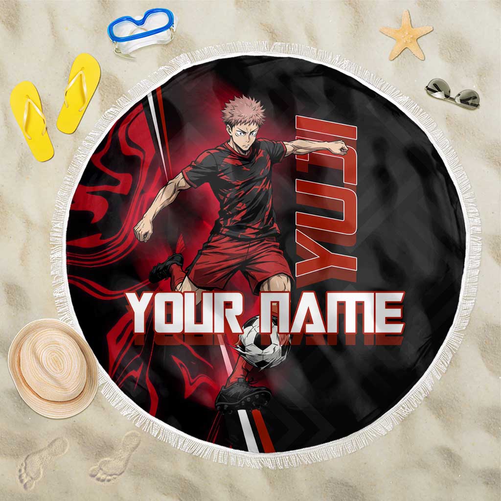 Personalized Yuji Itadori Jujutsu Kaisen Soccer Theme Beach Blanket with Dynamic Kick Pose and Red Black Flame Graphic Design - The Mazicc