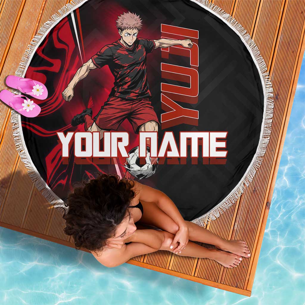Personalized Yuji Itadori Jujutsu Kaisen Soccer Theme Beach Blanket with Dynamic Kick Pose and Red Black Flame Graphic Design - The Mazicc