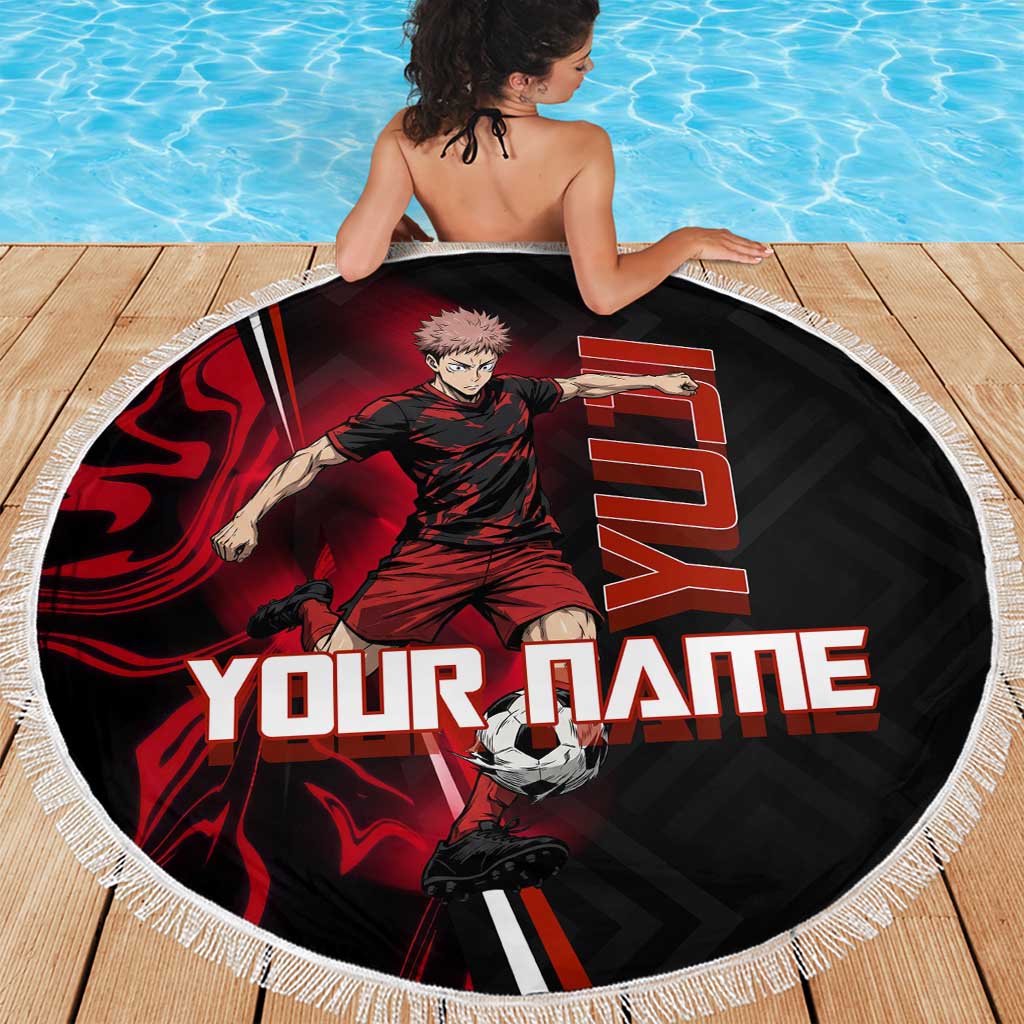 Personalized Yuji Itadori Jujutsu Kaisen Soccer Theme Beach Blanket with Dynamic Kick Pose and Red Black Flame Graphic Design - The Mazicc