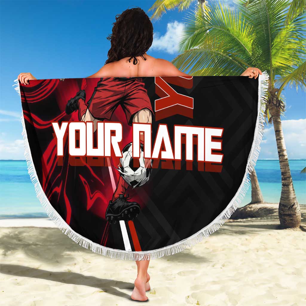Personalized Yuji Itadori Jujutsu Kaisen Soccer Theme Beach Blanket with Dynamic Kick Pose and Red Black Flame Graphic Design - The Mazicc