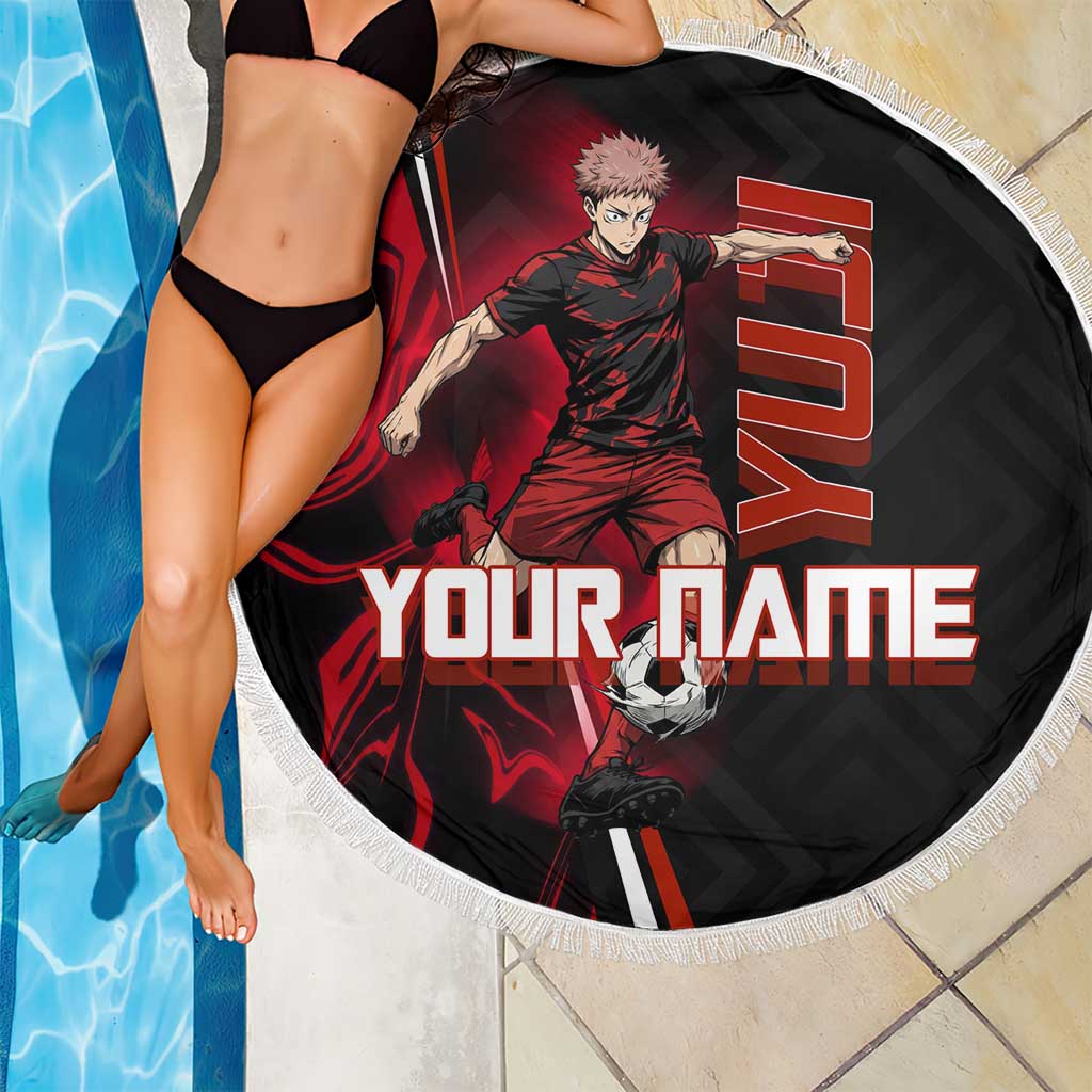 Personalized Yuji Itadori Jujutsu Kaisen Soccer Theme Beach Blanket with Dynamic Kick Pose and Red Black Flame Graphic Design - The Mazicc
