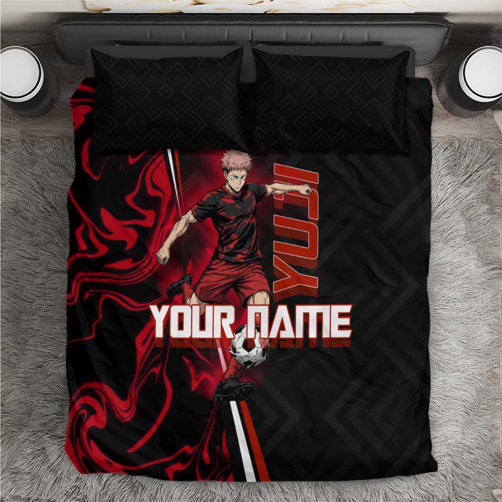 Personalized Yuji Itadori Jujutsu Kaisen Soccer Theme Bedding Set with Dynamic Kick Pose and Red Black Flame Graphic Design - The Mazicc