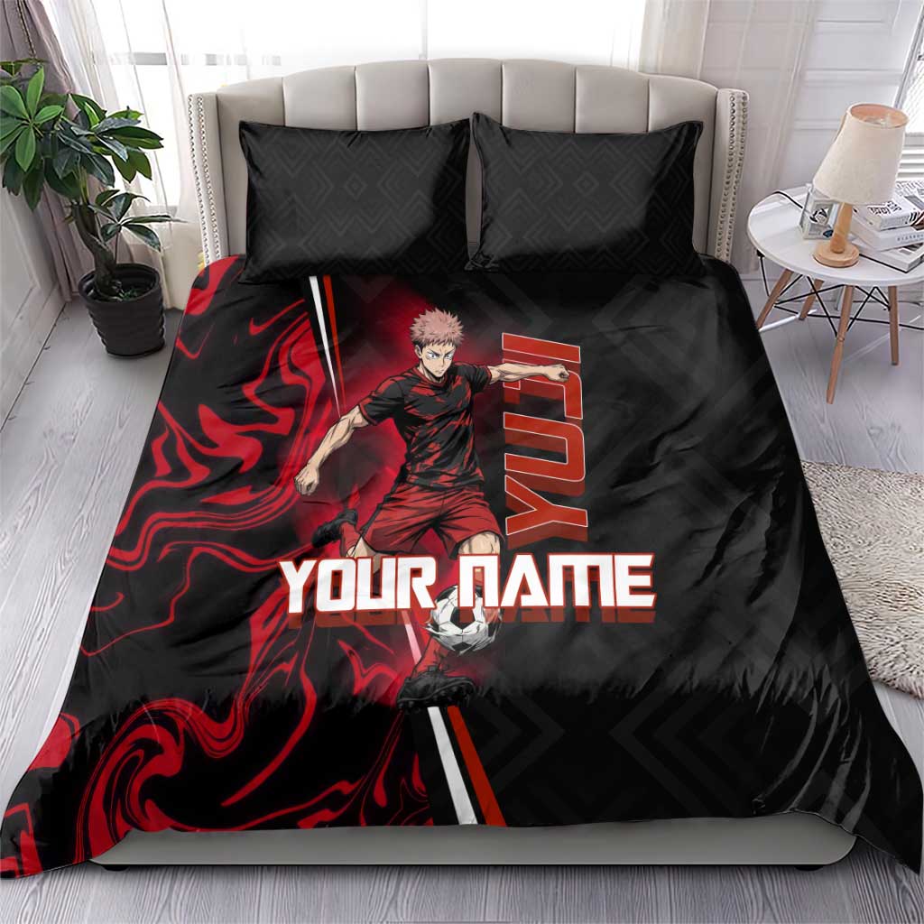 Personalized Yuji Itadori Jujutsu Kaisen Soccer Theme Bedding Set with Dynamic Kick Pose and Red Black Flame Graphic Design - The Mazicc
