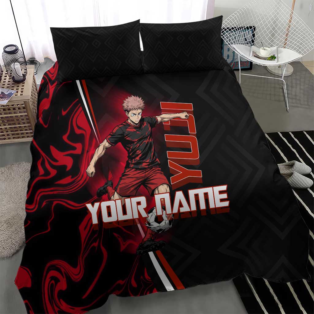 Personalized Yuji Itadori Jujutsu Kaisen Soccer Theme Bedding Set with Dynamic Kick Pose and Red Black Flame Graphic Design - The Mazicc