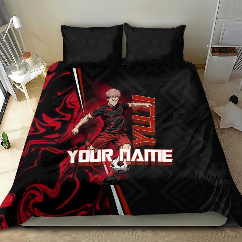 Personalized Yuji Itadori Jujutsu Kaisen Soccer Theme Bedding Set with Dynamic Kick Pose and Red Black Flame Graphic Design - The Mazicc