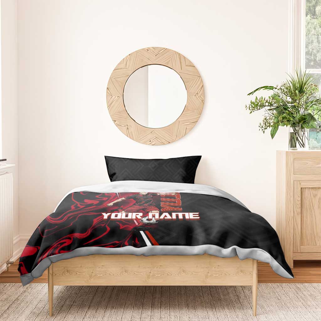 Personalized Yuji Itadori Jujutsu Kaisen Soccer Theme Bedding Set with Dynamic Kick Pose and Red Black Flame Graphic Design - The Mazicc