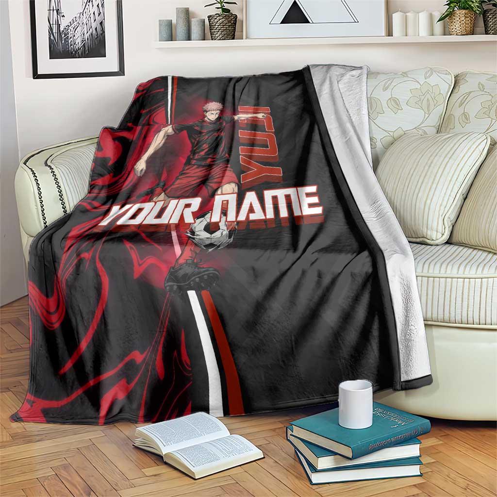 Personalized Yuji Itadori Jujutsu Kaisen Soccer Theme Blanket with Dynamic Kick Pose and Red Black Flame Graphic Design - The Mazicc