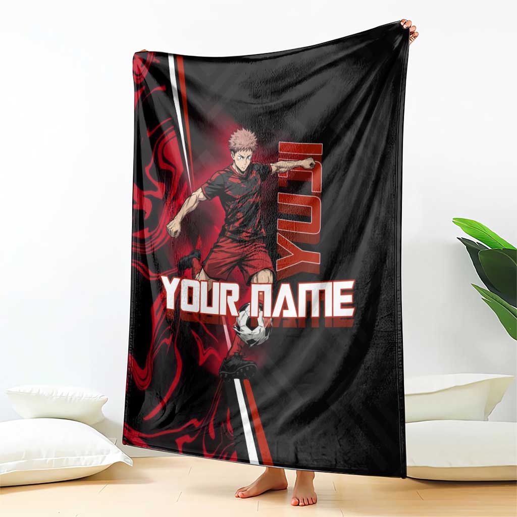 Personalized Yuji Itadori Jujutsu Kaisen Soccer Theme Blanket with Dynamic Kick Pose and Red Black Flame Graphic Design - The Mazicc