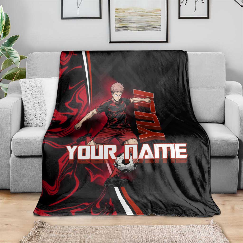 Personalized Yuji Itadori Jujutsu Kaisen Soccer Theme Blanket with Dynamic Kick Pose and Red Black Flame Graphic Design - The Mazicc
