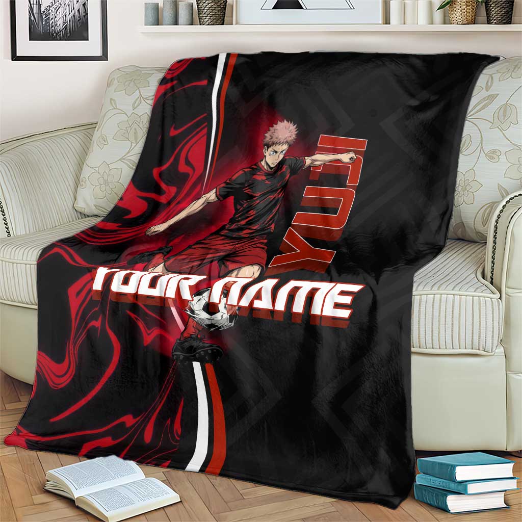 Personalized Yuji Itadori Jujutsu Kaisen Soccer Theme Blanket with Dynamic Kick Pose and Red Black Flame Graphic Design - The Mazicc