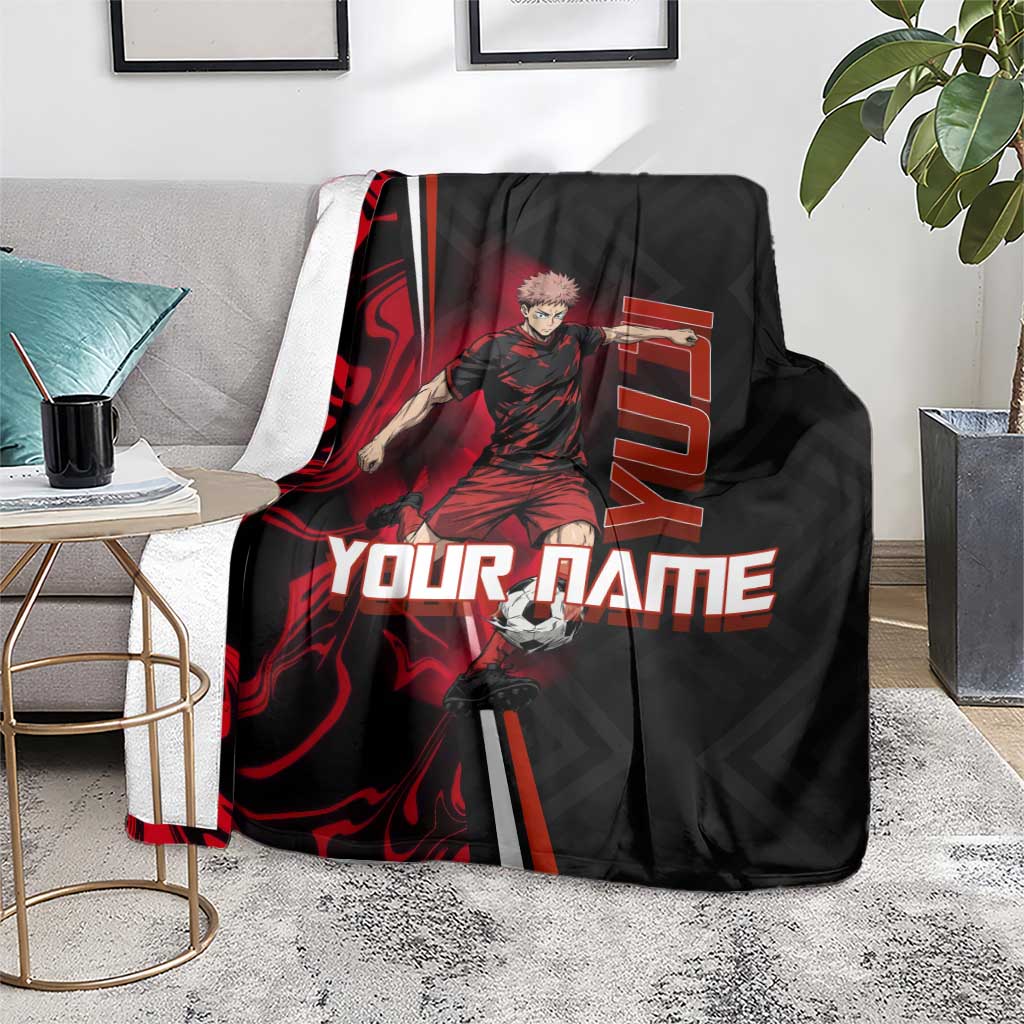 Personalized Yuji Itadori Jujutsu Kaisen Soccer Theme Blanket with Dynamic Kick Pose and Red Black Flame Graphic Design - The Mazicc