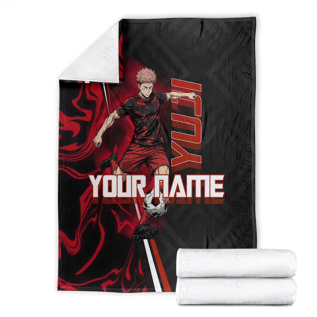 Personalized Yuji Itadori Jujutsu Kaisen Soccer Theme Blanket with Dynamic Kick Pose and Red Black Flame Graphic Design - The Mazicc