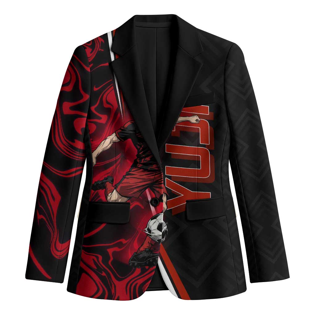 Personalized Yuji Itadori Jujutsu Kaisen Soccer Theme Blazer with Dynamic Kick Pose and Red Black Flame Graphic Design - The Mazicc