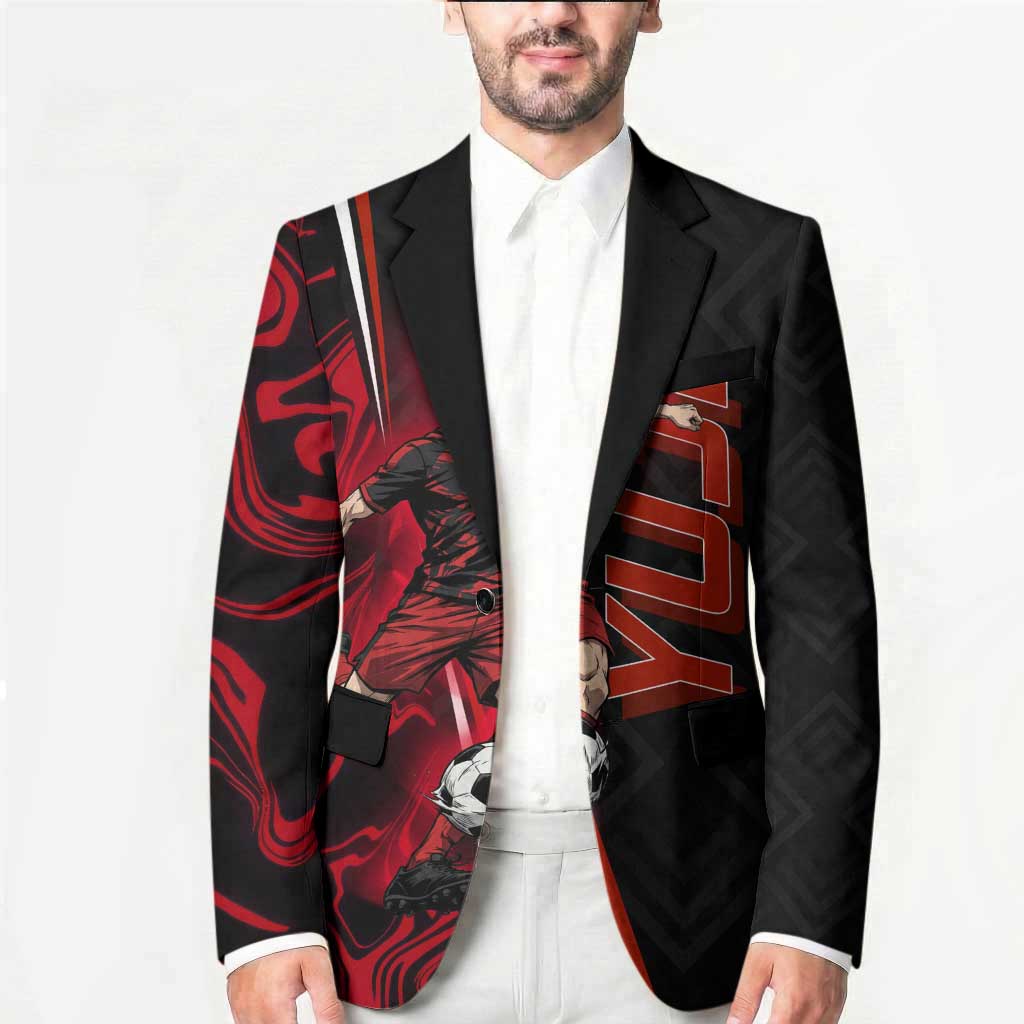 Personalized Yuji Itadori Jujutsu Kaisen Soccer Theme Blazer with Dynamic Kick Pose and Red Black Flame Graphic Design - The Mazicc
