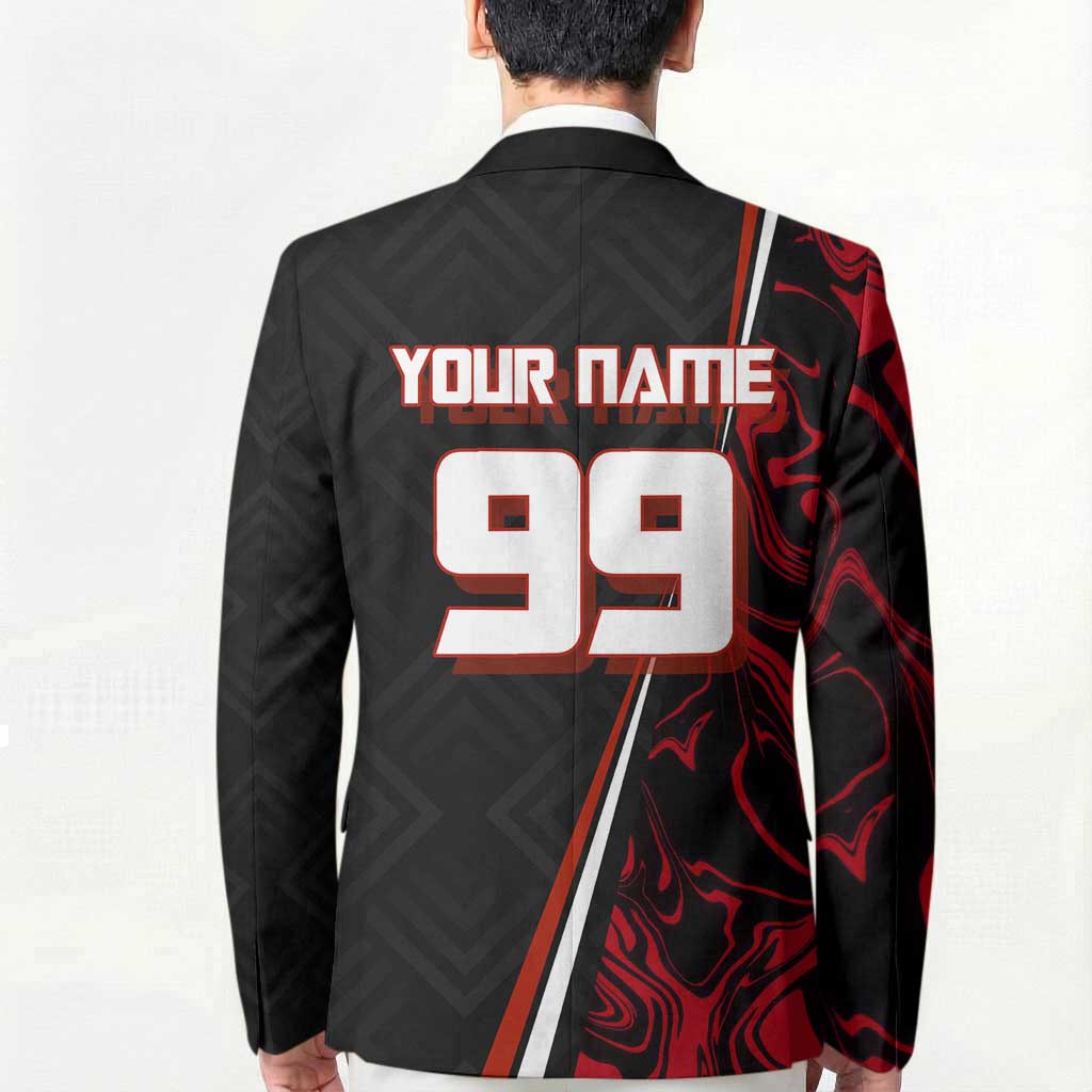 Personalized Yuji Itadori Jujutsu Kaisen Soccer Theme Blazer with Dynamic Kick Pose and Red Black Flame Graphic Design - The Mazicc