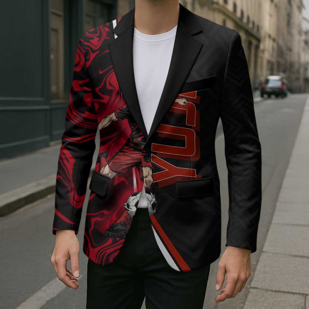 Personalized Yuji Itadori Jujutsu Kaisen Soccer Theme Blazer with Dynamic Kick Pose and Red Black Flame Graphic Design - The Mazicc