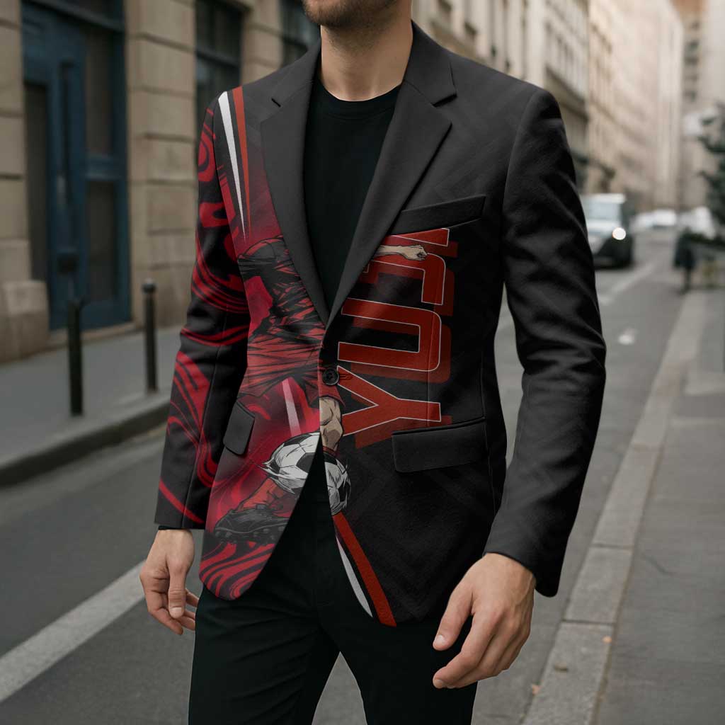 Personalized Yuji Itadori Jujutsu Kaisen Soccer Theme Blazer with Dynamic Kick Pose and Red Black Flame Graphic Design - The Mazicc