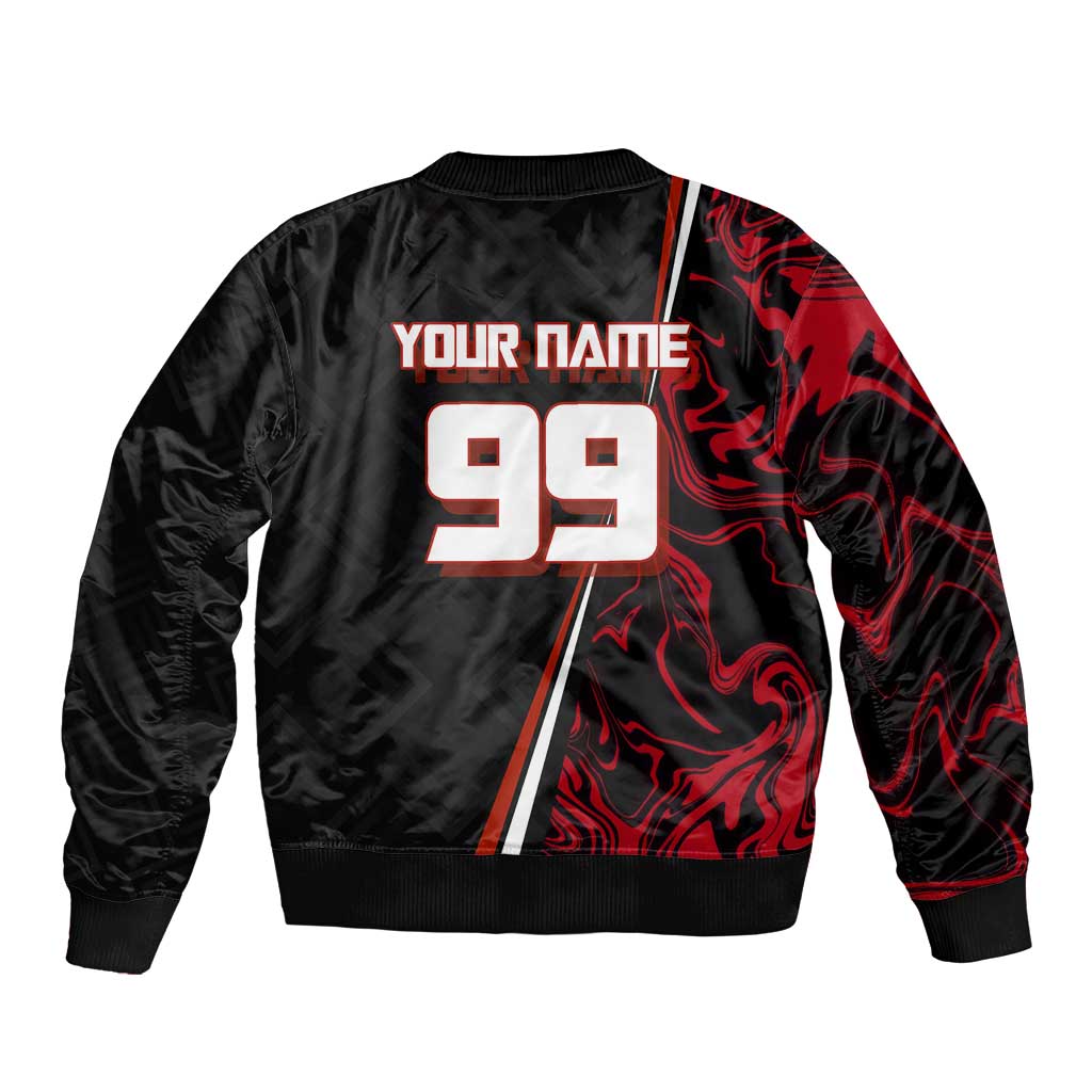 Personalized Yuji Itadori Jujutsu Kaisen Soccer Theme Bomber Jacket with Dynamic Kick Pose and Red Black Flame Graphic Design - The Mazicc
