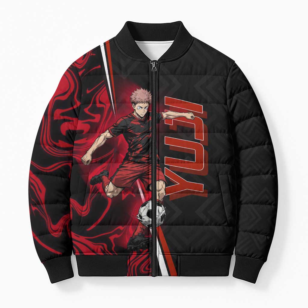 Personalized Yuji Itadori Jujutsu Kaisen Soccer Theme Bomber Puffer Jacket with Dynamic Kick Pose and Red Black Flame Graphic Design - The Mazicc