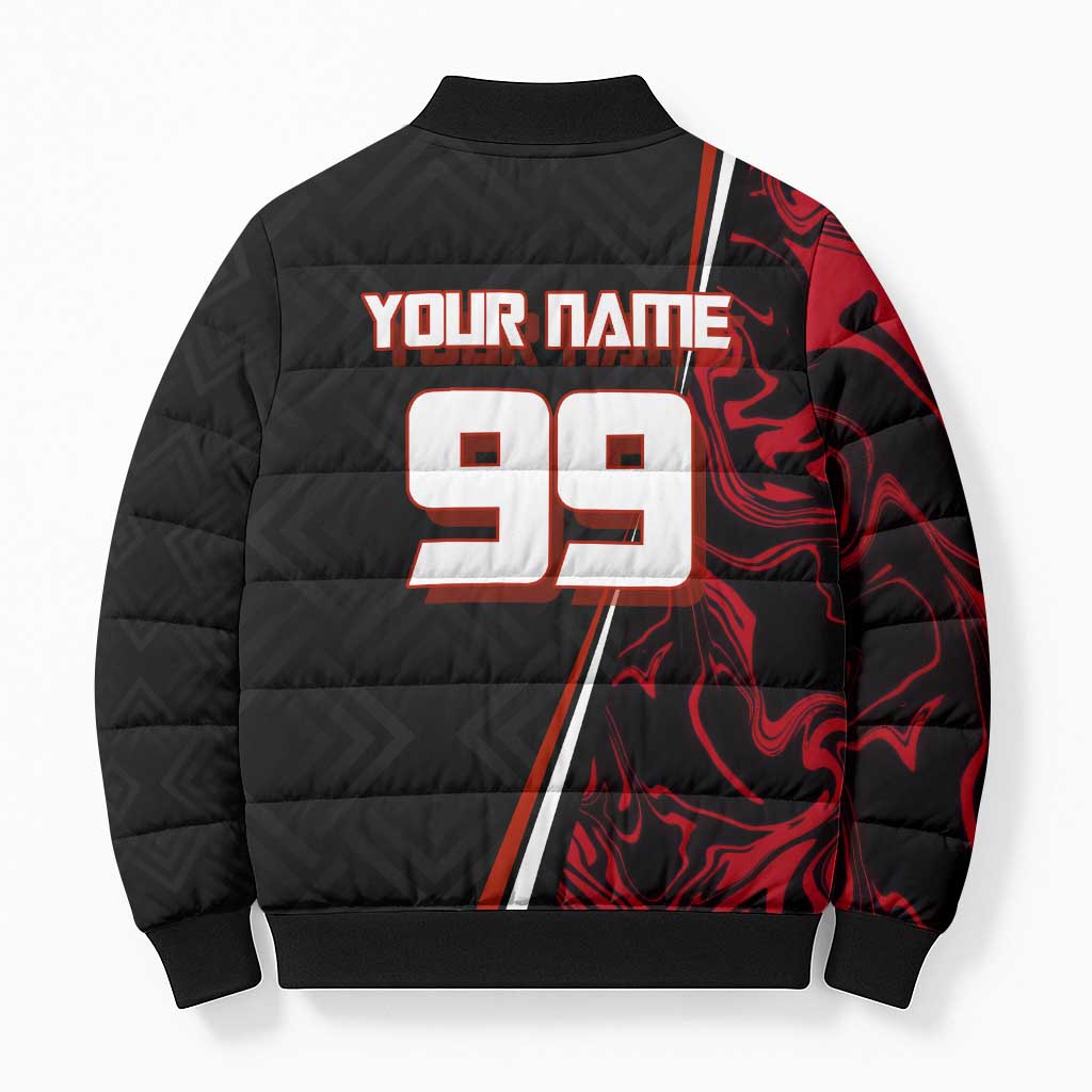Personalized Yuji Itadori Jujutsu Kaisen Soccer Theme Bomber Puffer Jacket with Dynamic Kick Pose and Red Black Flame Graphic Design - The Mazicc