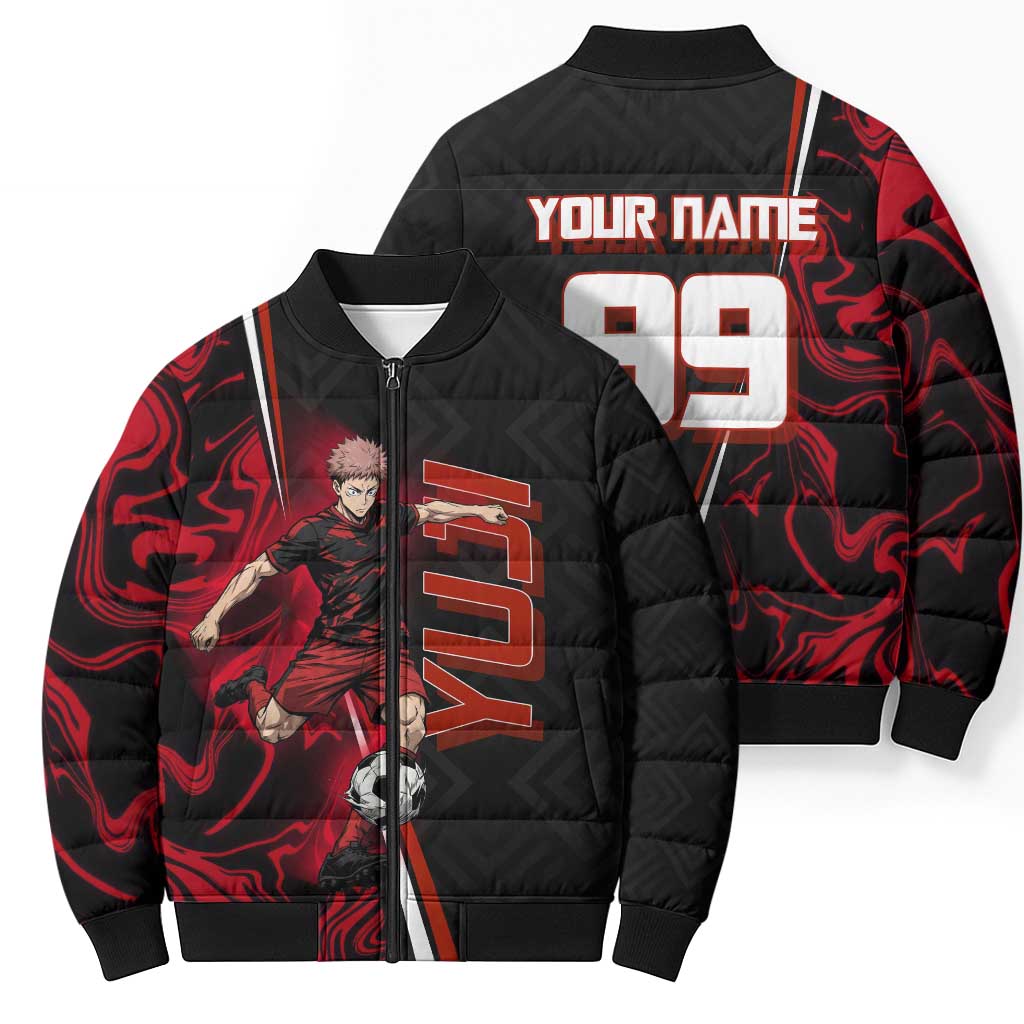 Personalized Yuji Itadori Jujutsu Kaisen Soccer Theme Bomber Puffer Jacket with Dynamic Kick Pose and Red Black Flame Graphic Design - The Mazicc