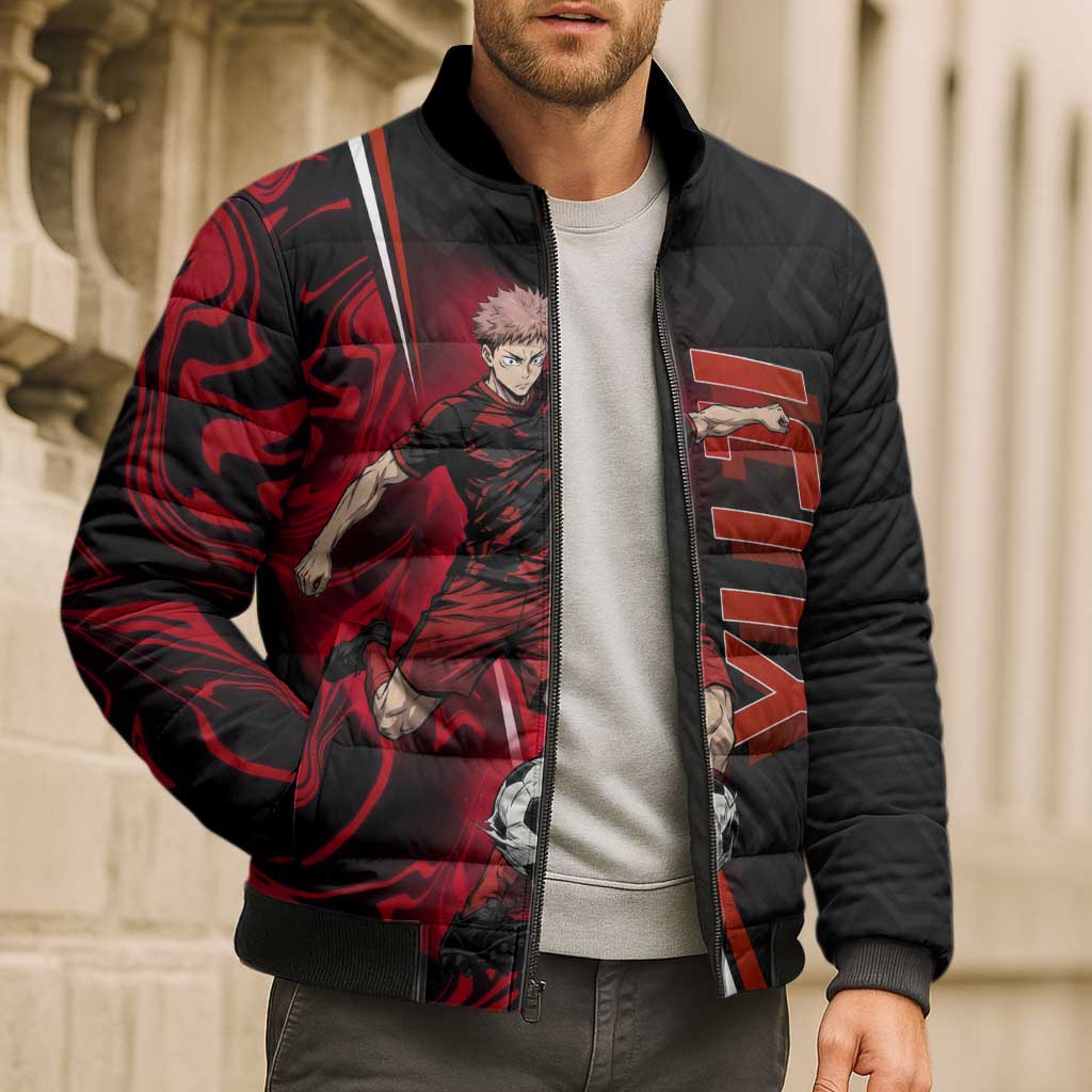 Personalized Yuji Itadori Jujutsu Kaisen Soccer Theme Bomber Puffer Jacket with Dynamic Kick Pose and Red Black Flame Graphic Design - The Mazicc