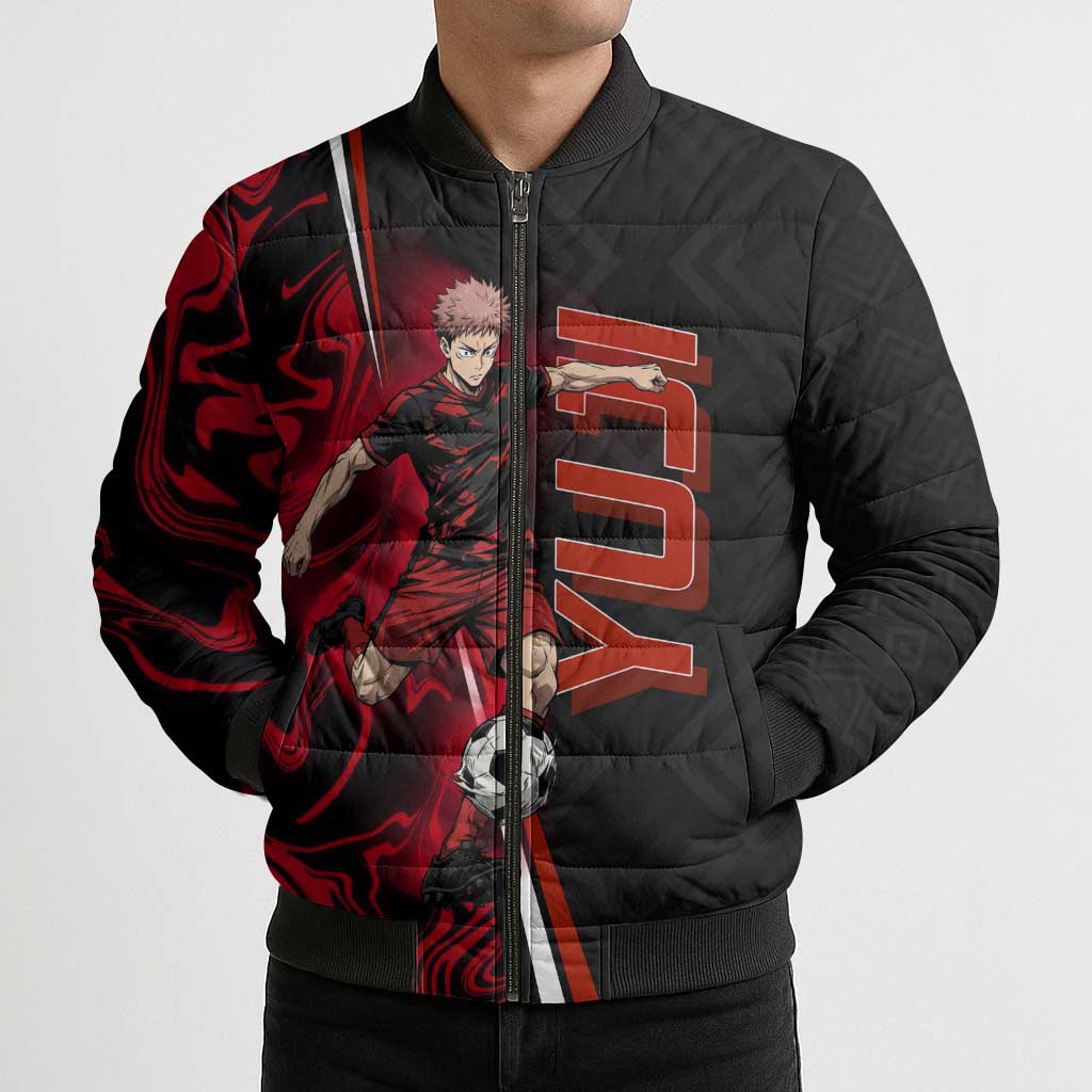 Personalized Yuji Itadori Jujutsu Kaisen Soccer Theme Bomber Puffer Jacket with Dynamic Kick Pose and Red Black Flame Graphic Design - The Mazicc