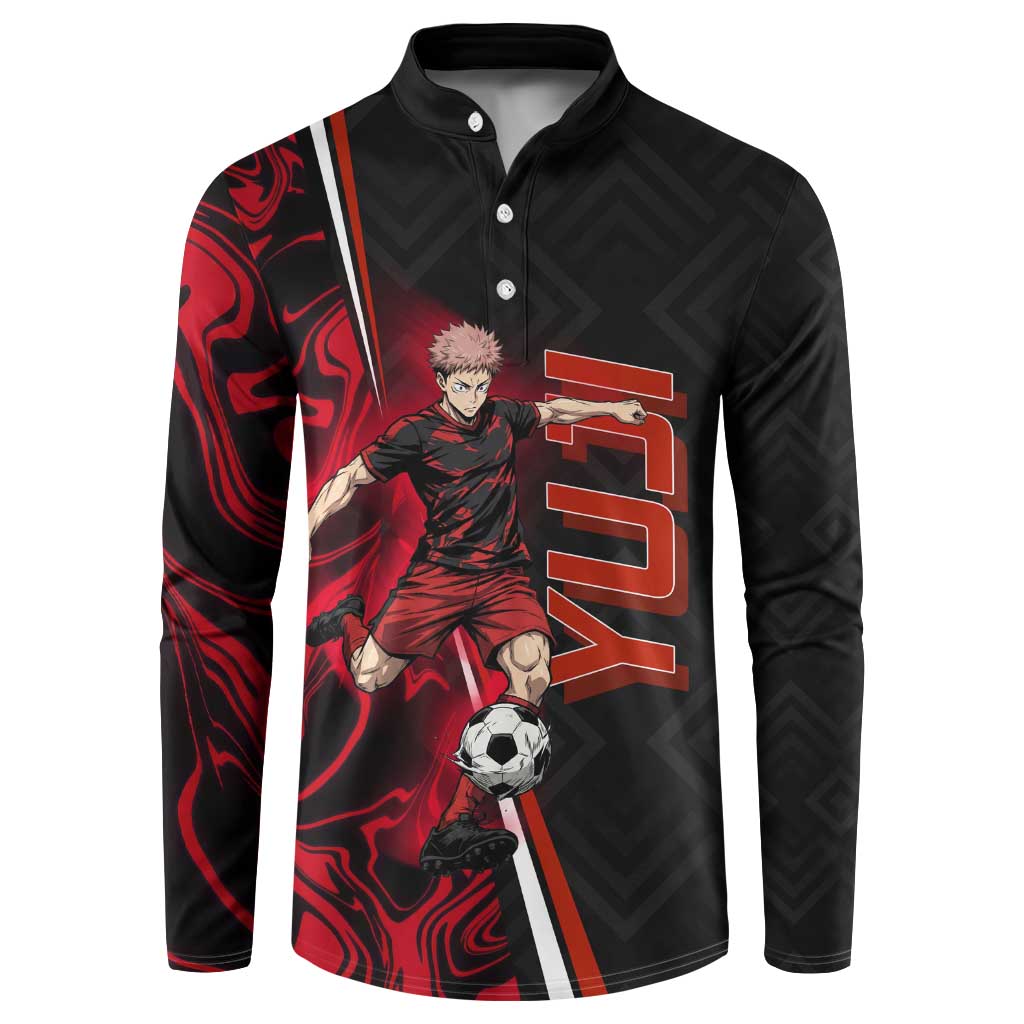 Personalized Yuji Itadori Jujutsu Kaisen Soccer Theme Button Sweatshirt with Dynamic Kick Pose and Red Black Flame Graphic Design - The Mazicc