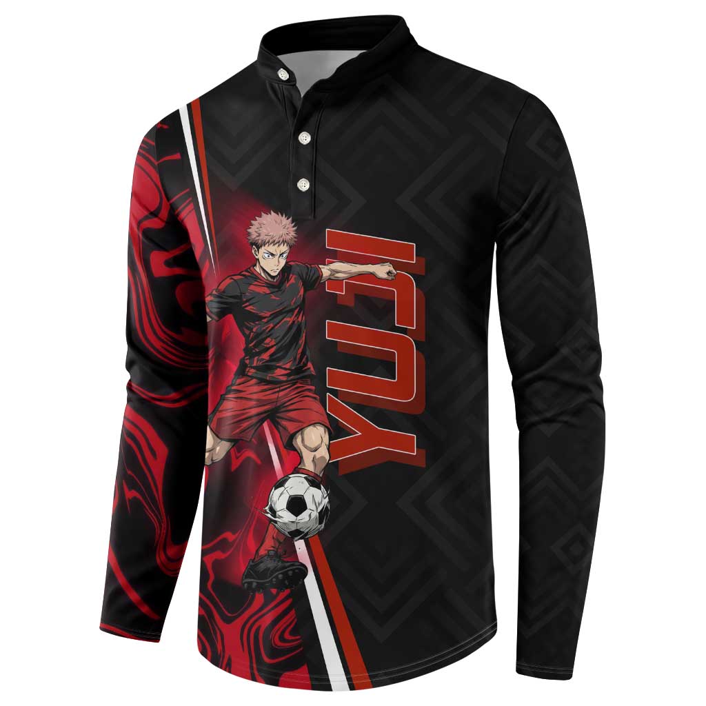 Personalized Yuji Itadori Jujutsu Kaisen Soccer Theme Button Sweatshirt with Dynamic Kick Pose and Red Black Flame Graphic Design - The Mazicc