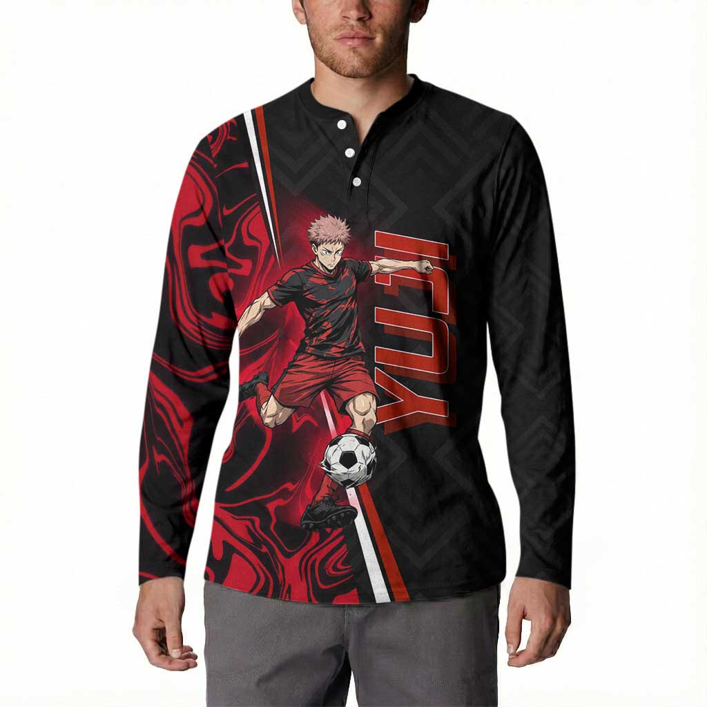 Personalized Yuji Itadori Jujutsu Kaisen Soccer Theme Button Sweatshirt with Dynamic Kick Pose and Red Black Flame Graphic Design - The Mazicc