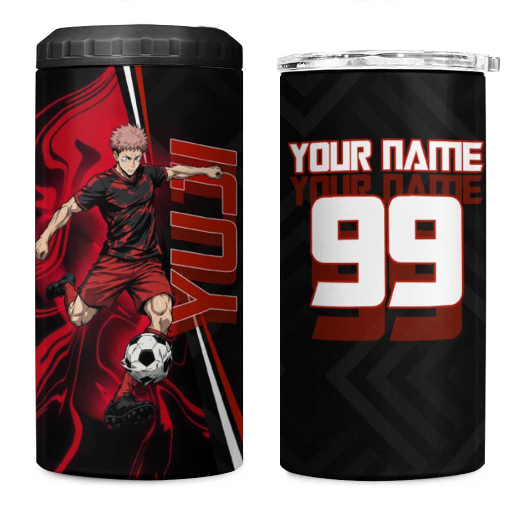 Personalized Yuji Itadori Jujutsu Kaisen Soccer Theme 4 in 1 Can Cooler Tumbler with Dynamic Kick Pose and Red Black Flame Graphic Design - The Mazicc