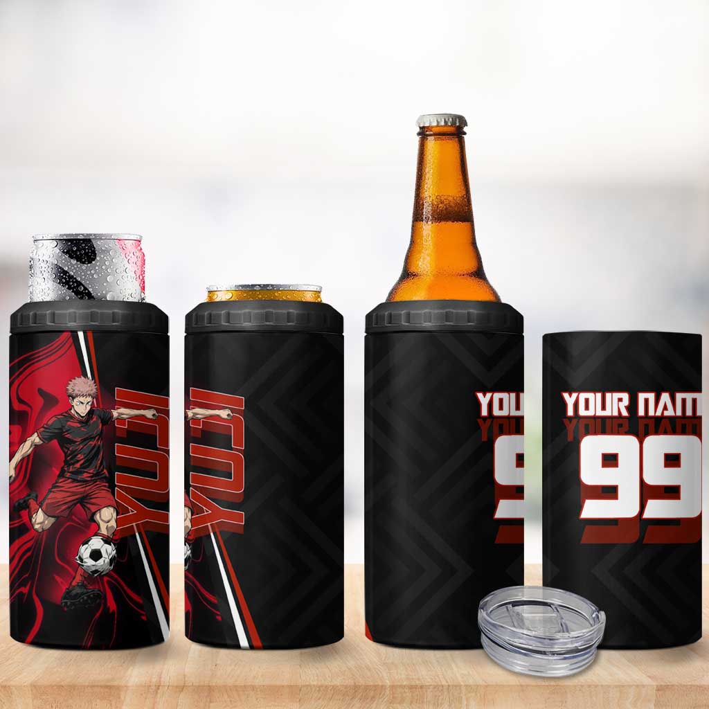 Personalized Yuji Itadori Jujutsu Kaisen Soccer Theme 4 in 1 Can Cooler Tumbler with Dynamic Kick Pose and Red Black Flame Graphic Design - The Mazicc