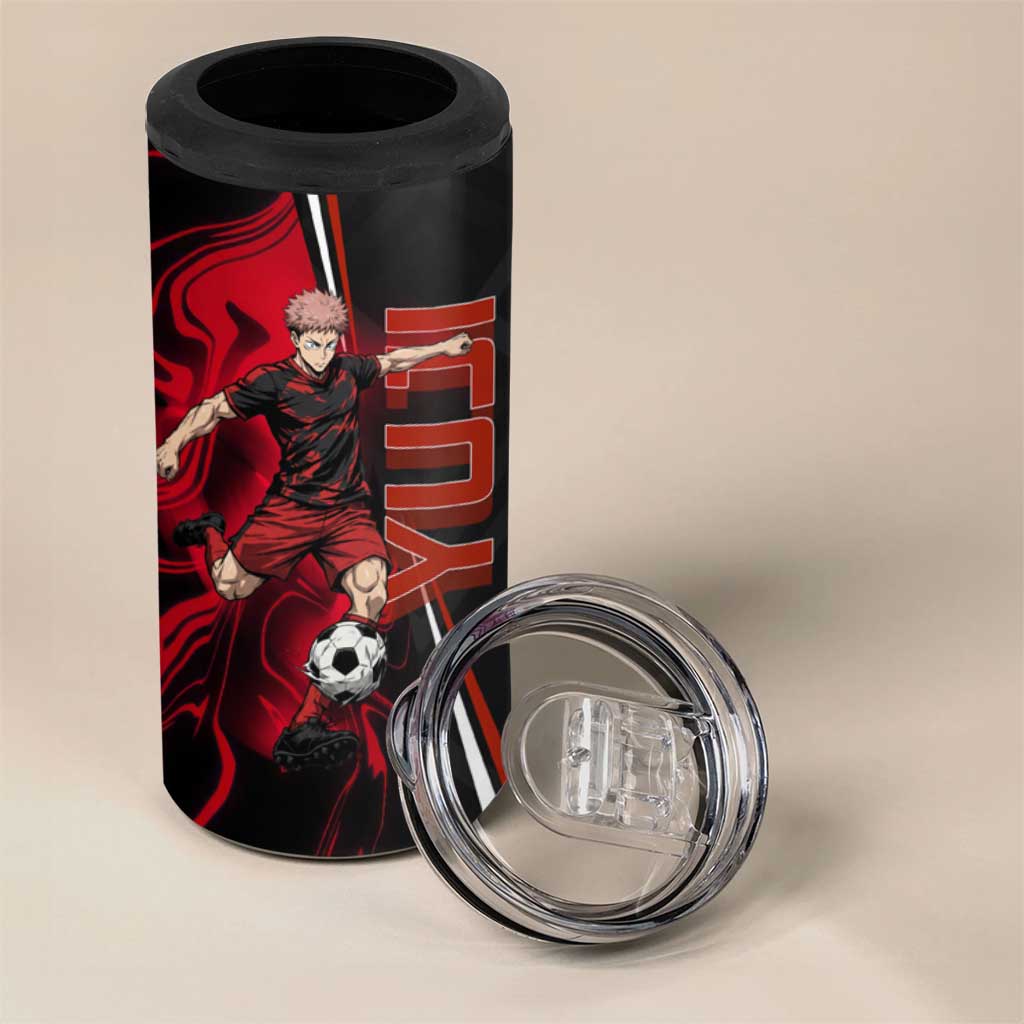 Personalized Yuji Itadori Jujutsu Kaisen Soccer Theme 4 in 1 Can Cooler Tumbler with Dynamic Kick Pose and Red Black Flame Graphic Design - The Mazicc