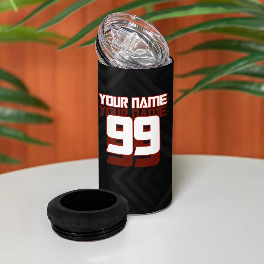 Personalized Yuji Itadori Jujutsu Kaisen Soccer Theme 4 in 1 Can Cooler Tumbler with Dynamic Kick Pose and Red Black Flame Graphic Design - The Mazicc
