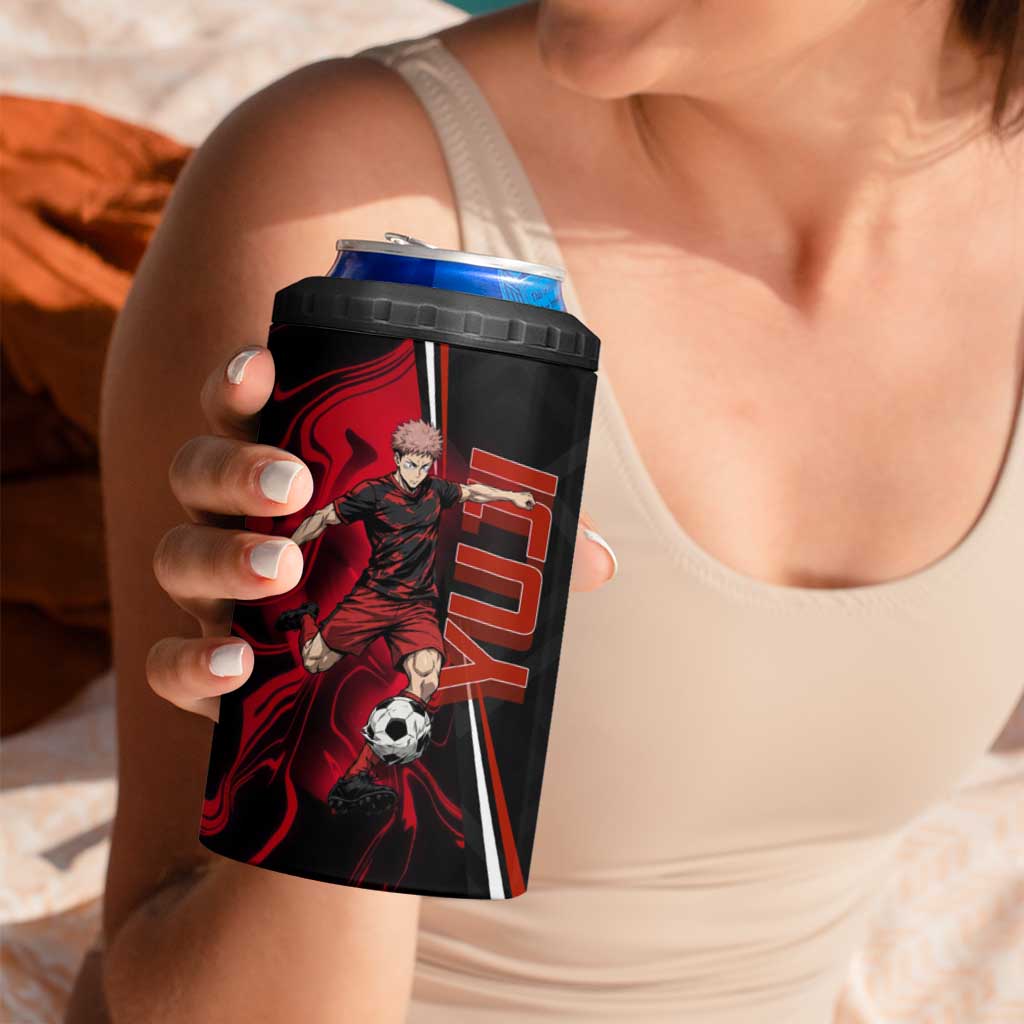 Personalized Yuji Itadori Jujutsu Kaisen Soccer Theme 4 in 1 Can Cooler Tumbler with Dynamic Kick Pose and Red Black Flame Graphic Design - The Mazicc