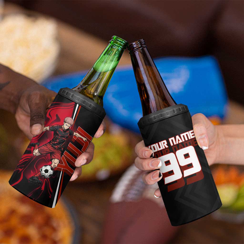 Personalized Yuji Itadori Jujutsu Kaisen Soccer Theme 4 in 1 Can Cooler Tumbler with Dynamic Kick Pose and Red Black Flame Graphic Design - The Mazicc