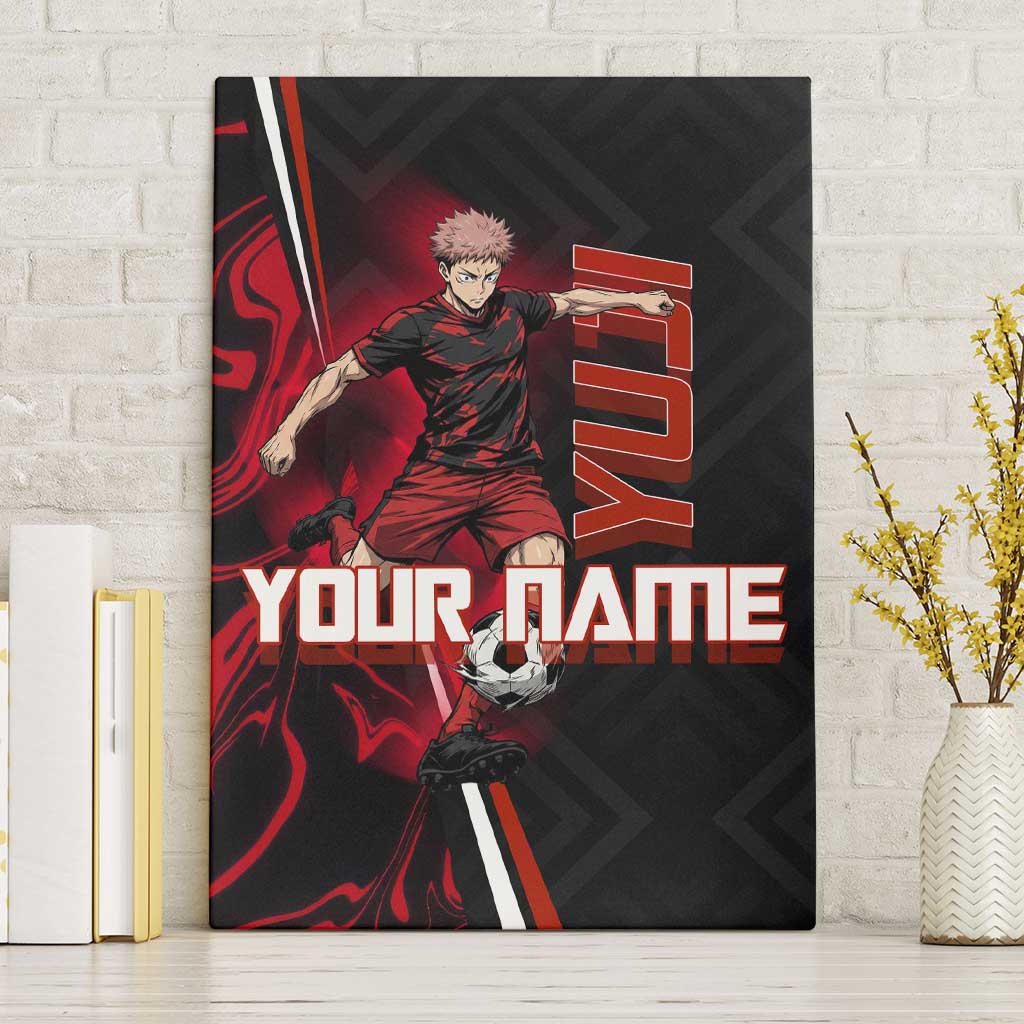 Personalized Yuji Itadori Jujutsu Kaisen Soccer Theme Canvas Wall Art with Dynamic Kick Pose and Red Black Flame Graphic Design - The Mazicc