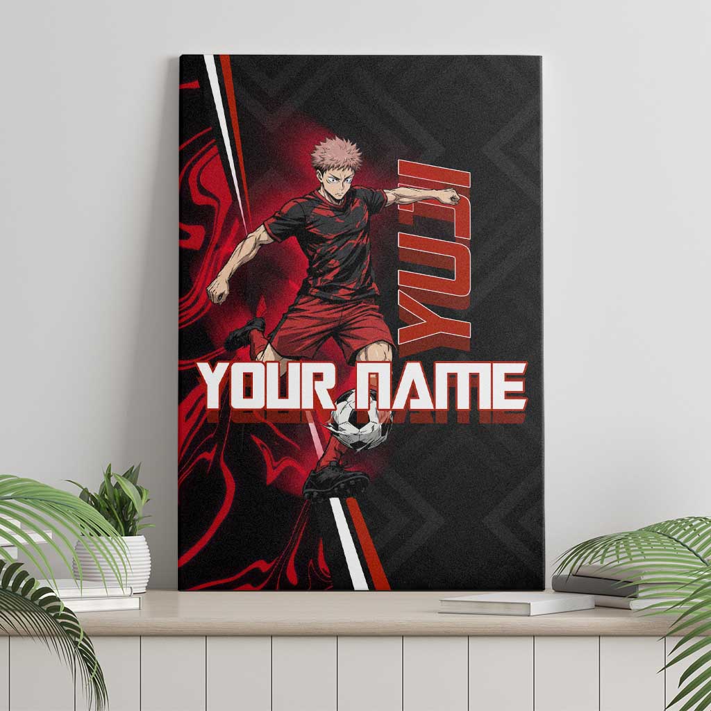 Personalized Yuji Itadori Jujutsu Kaisen Soccer Theme Canvas Wall Art with Dynamic Kick Pose and Red Black Flame Graphic Design - The Mazicc