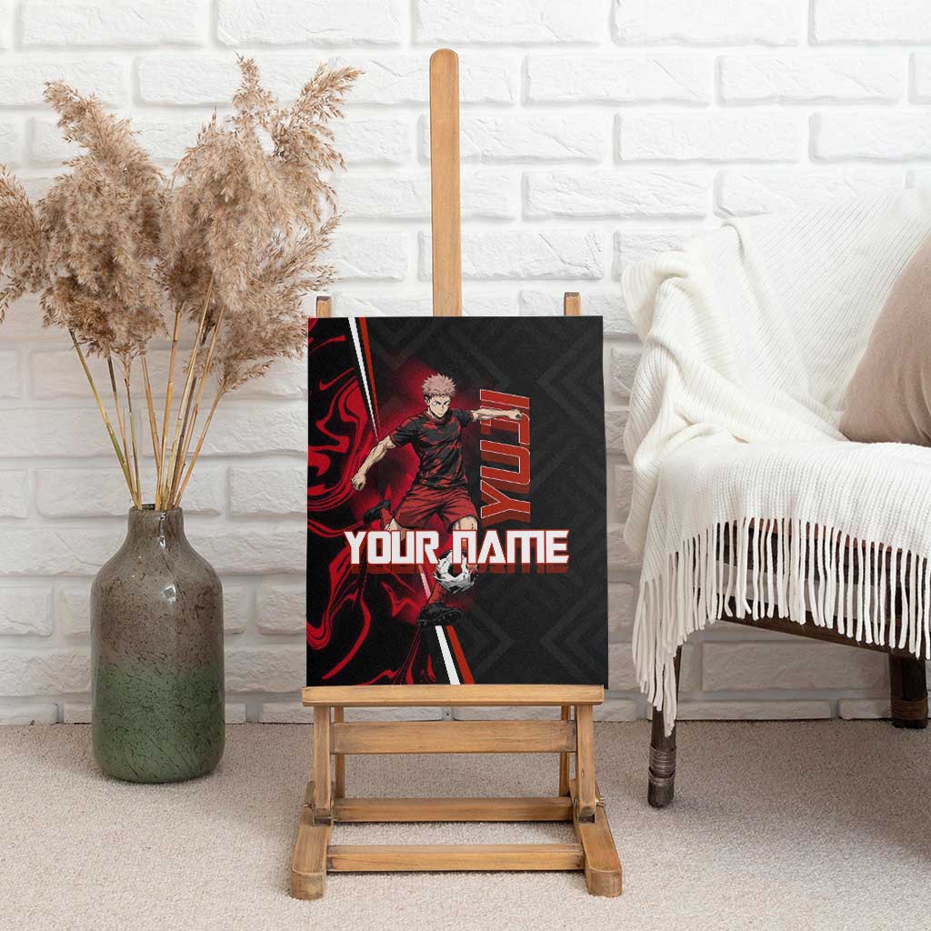 Personalized Yuji Itadori Jujutsu Kaisen Soccer Theme Canvas Wall Art with Dynamic Kick Pose and Red Black Flame Graphic Design - The Mazicc