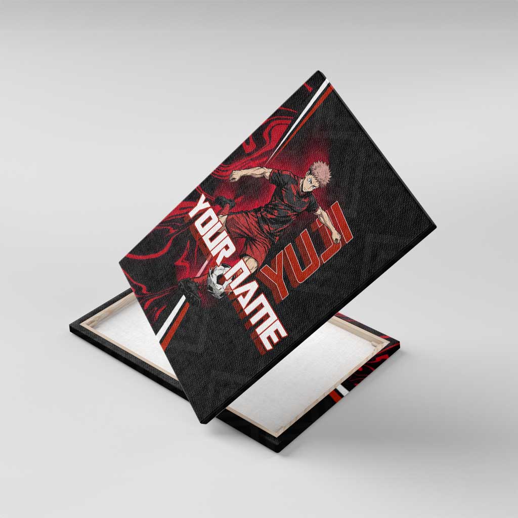 Personalized Yuji Itadori Jujutsu Kaisen Soccer Theme Canvas Wall Art with Dynamic Kick Pose and Red Black Flame Graphic Design - The Mazicc