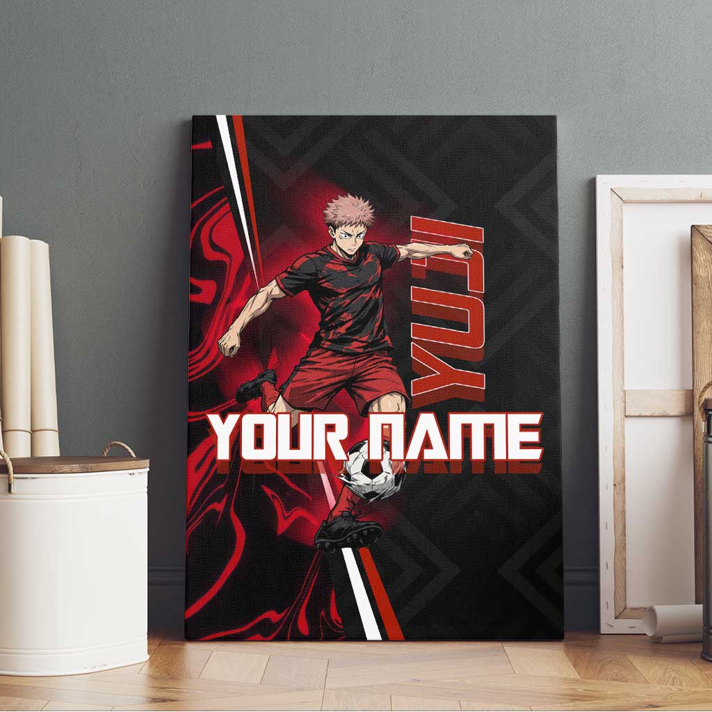 Personalized Yuji Itadori Jujutsu Kaisen Soccer Theme Canvas Wall Art with Dynamic Kick Pose and Red Black Flame Graphic Design - The Mazicc